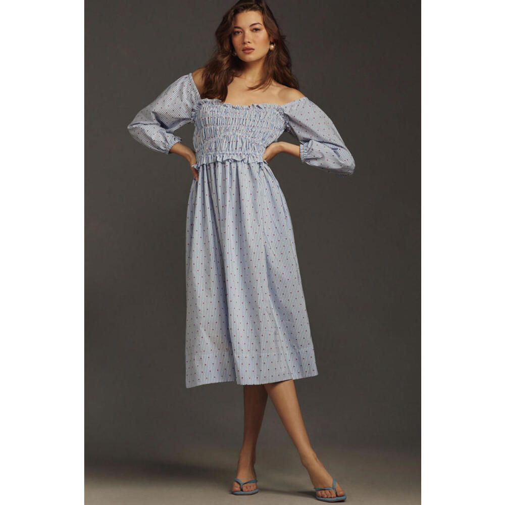 Maeve - Light Blue Long Sleeve Off-Shoulder Midi Dress w/ Smocked Bodice, size M
